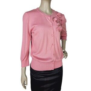 DKNY Pink Metal Chain Link Rosette Cardigan Sweater 3/4 Sleeve Size Small